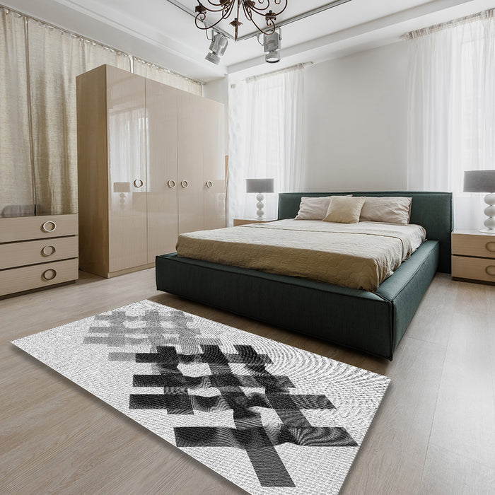 Patterned Platinum Gray Novelty Rug in a Bedroom, pat3541
