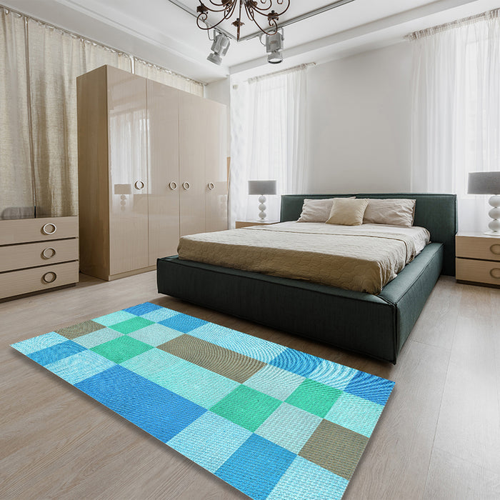 Patterned Macaw Blue Green Rug in a Bedroom, pat3546lblu