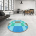 Round Patterned Macaw Blue Green Rug in a Office, pat3546lblu