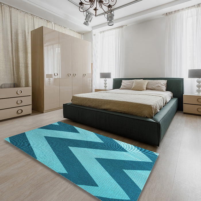 Patterned Dark Cyan Green Rug in a Bedroom, pat3547lblu