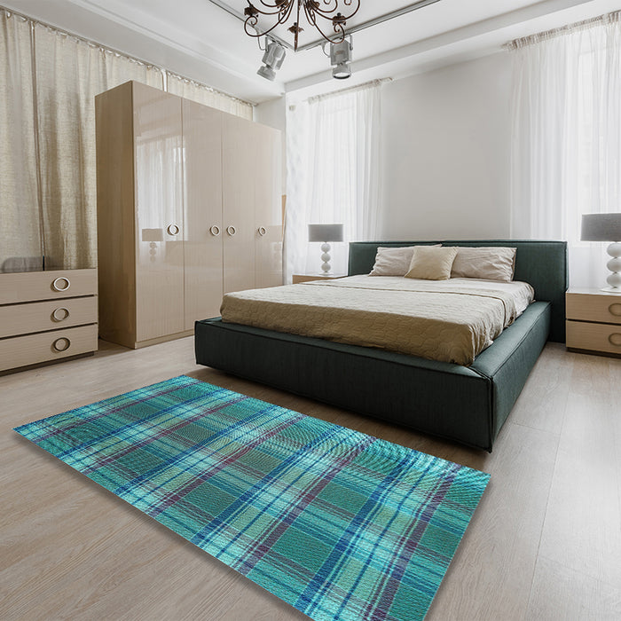 Patterned Dark Turquoise Green Rug in a Bedroom, pat3550lblu