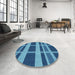 Round Machine Washable Transitional Blueberry Blue Rug in a Office, wshpat3553
