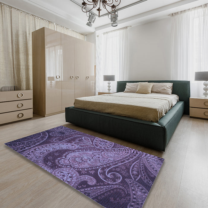 Patterned Plum Purple Rug in a Bedroom, pat3555blu
