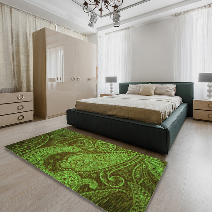 Patterned Milk Chocolate Brown Rug in a Bedroom, pat3555grn