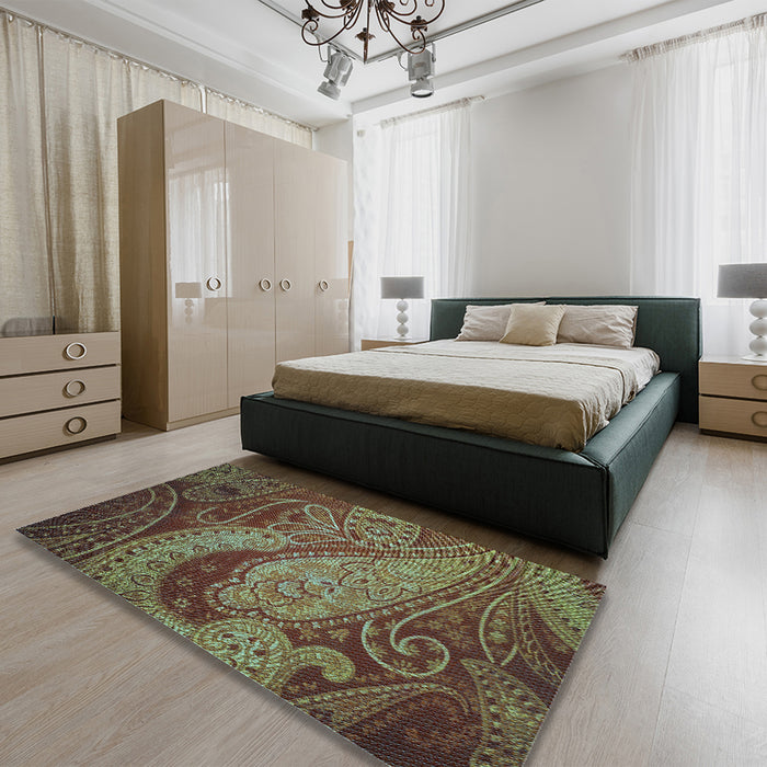 Patterned Red Brown Rug in a Bedroom, pat3555lblu