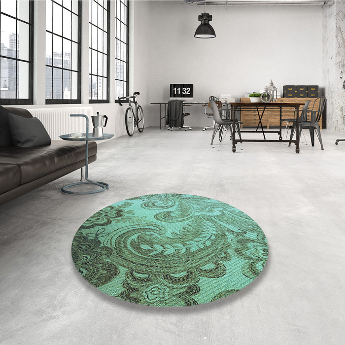 Round Patterned Medium Turquoise Green Rug in a Office, pat3556lblu