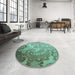 Round Patterned Medium Turquoise Green Rug in a Office, pat3556lblu