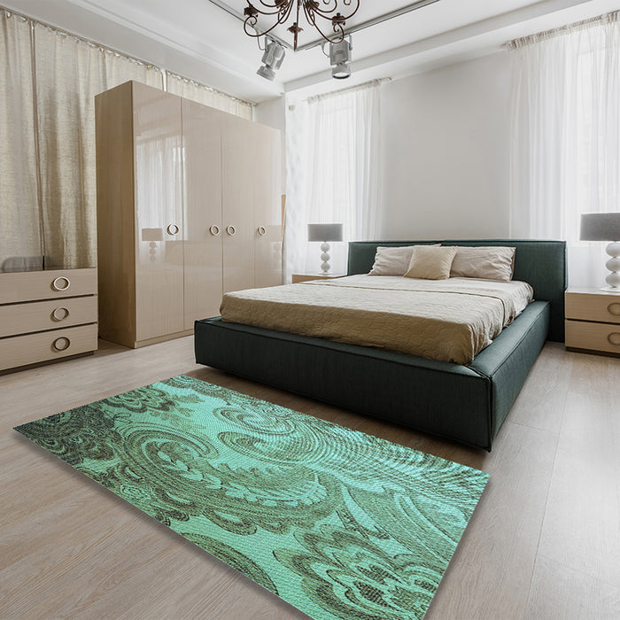 Patterned Medium Turquoise Green Rug in a Bedroom, pat3556lblu