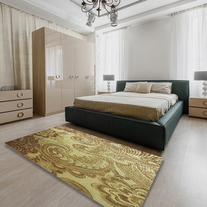 Patterned Dark Bronze Brown Novelty Rug in a Bedroom, pat3556
