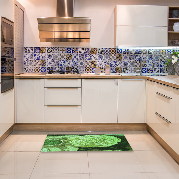 Patterned Emerald Green Rug in a Kitchen, pat3557grn