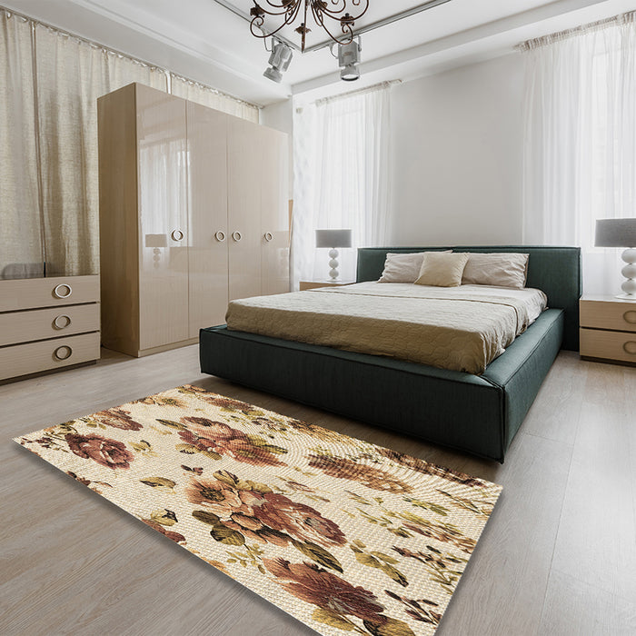 Patterned Khaki Gold Rug in a Bedroom, pat3558brn