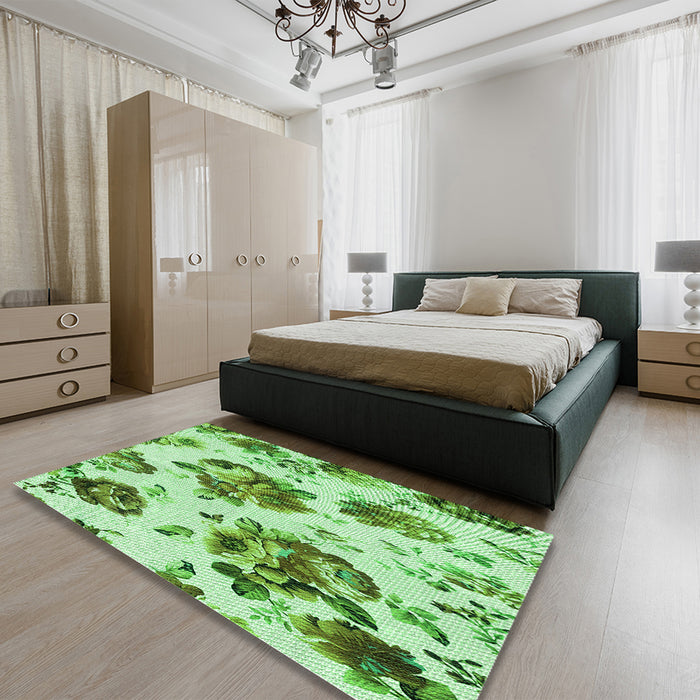 Patterned Dark Lime Green Rug in a Bedroom, pat3558grn