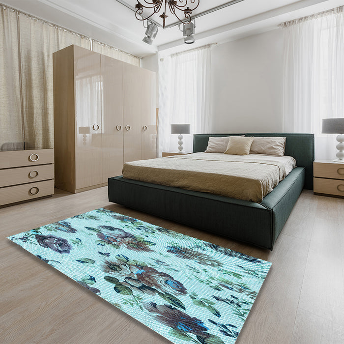 Patterned Deep-Sea Green Rug in a Bedroom, pat3558lblu