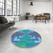 Round Patterned Bright Turquoise Blue Rug in a Office, pat3564lblu