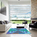 Square Patterned Bright Turquoise Blue Rug in a Living Room, pat3564lblu