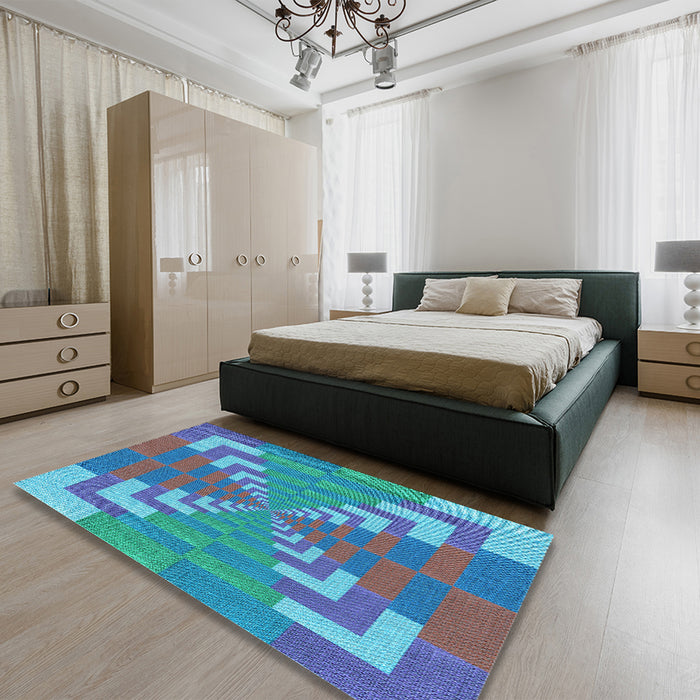 Patterned Bright Turquoise Blue Rug in a Bedroom, pat3564lblu