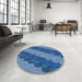 Round Machine Washable Transitional Blueberry Blue Rug in a Office, wshpat3568