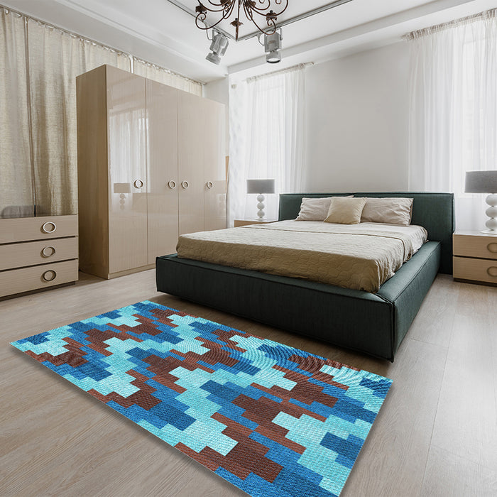 Patterned Bright Turquoise Blue Rug in a Bedroom, pat3569lblu