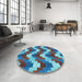 Round Patterned Bright Turquoise Blue Rug in a Office, pat3569lblu