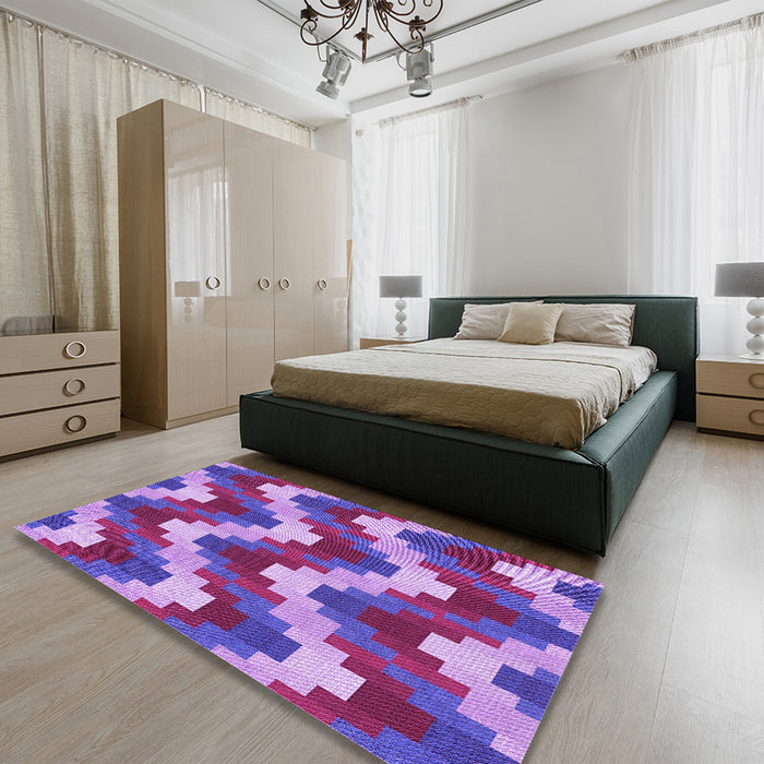 Patterned Dark Magenta Purple Rug in a Bedroom, pat3569pur