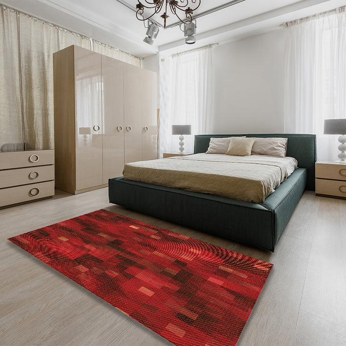 Patterned Tomato Red Rug in a Bedroom, pat3578org
