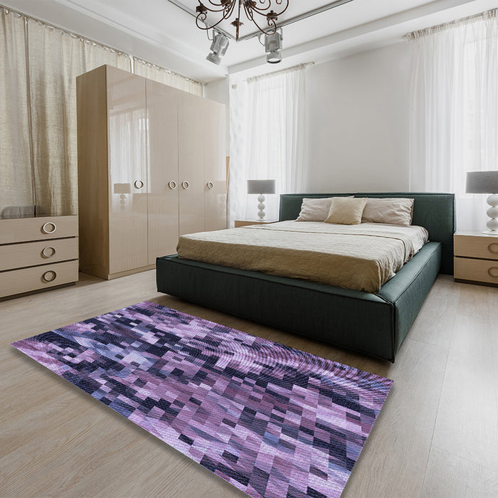 Patterned Purple Mimosa Purple Rug in a Bedroom, pat3579blu