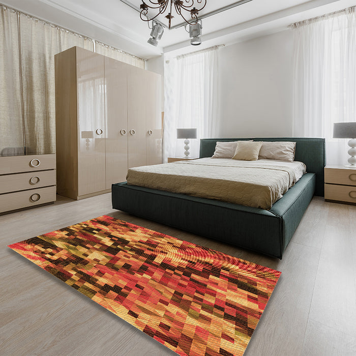 Patterned Neon Orange Rug in a Bedroom, pat3579org