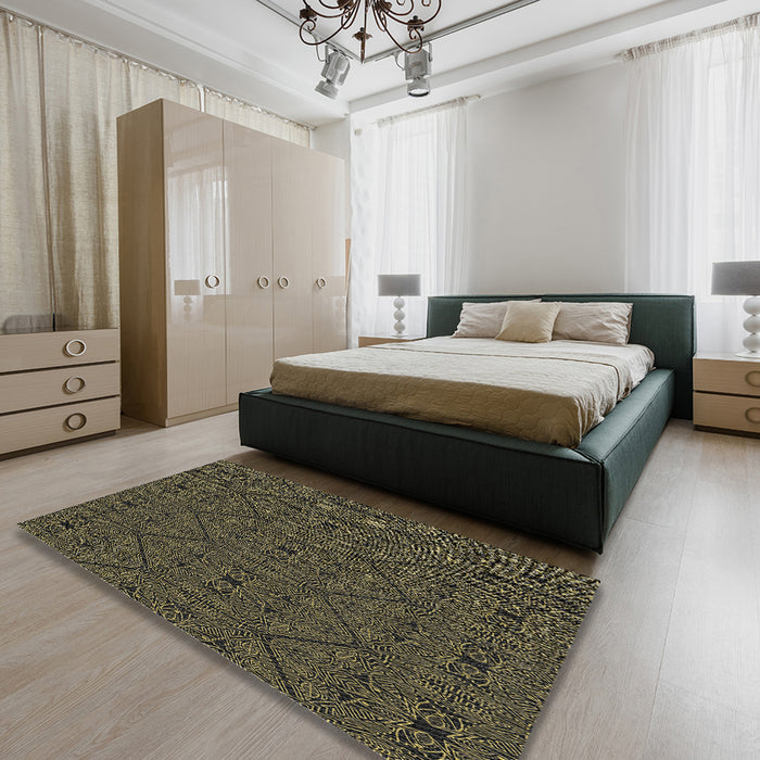Machine Washable Transitional Dark Almond Brown Rug in a Bedroom, wshpat3581