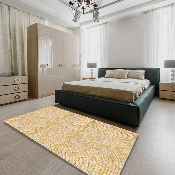 Patterned Khaki Gold Rug in a Bedroom, pat3584org
