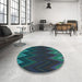 Round Patterned Dark Cyan Green Rug in a Office, pat3589lblu