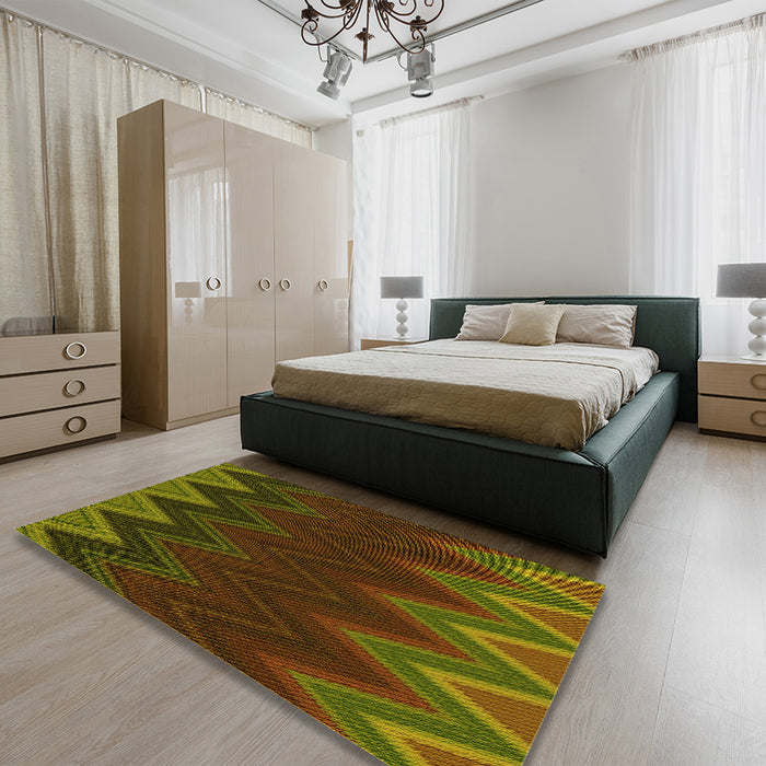 Patterned Dark Yellow Green Rug in a Bedroom, pat3589yw