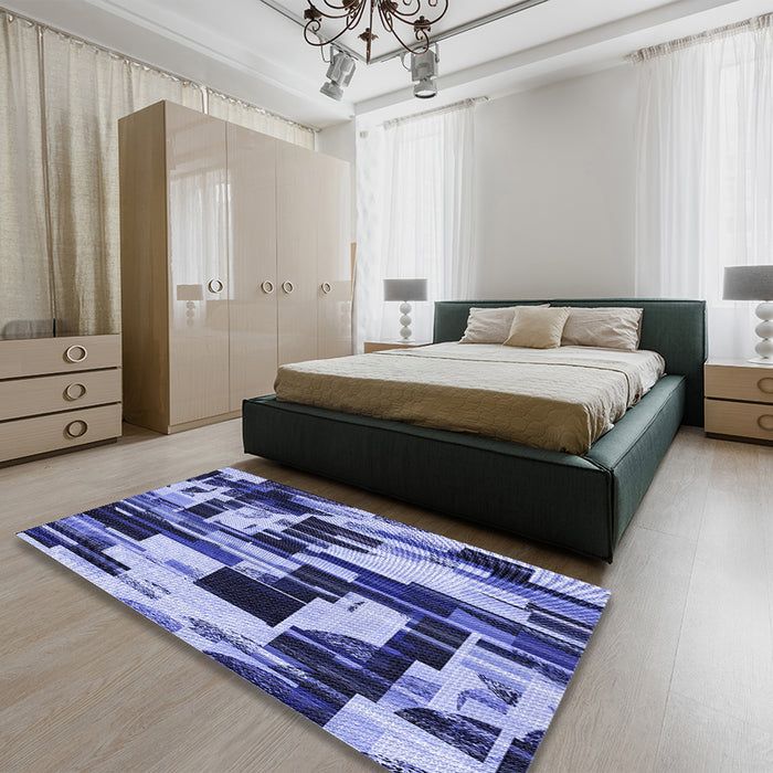 Patterned Denim Dark Blue Rug in a Bedroom, pat3592blu