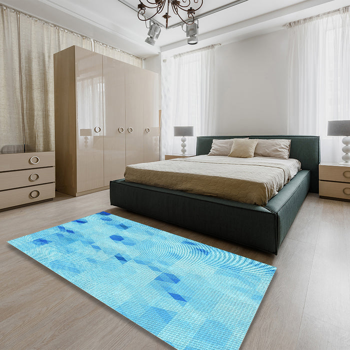 Patterned Bright Turquoise Blue Rug in a Bedroom, pat3593lblu