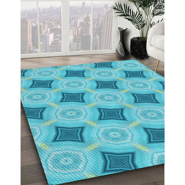 Patterned Dark Turquoise Green Rug in Family Room, pat3594lblu
