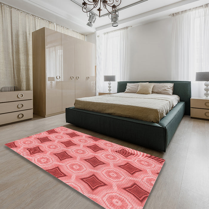 Patterned Light Coral Pink Rug in a Bedroom, pat3594rd