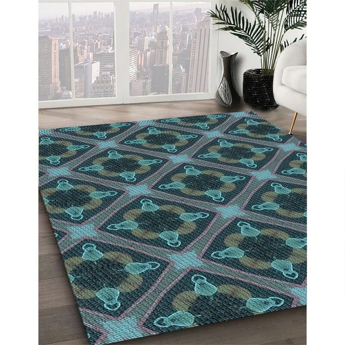 Patterned Deep-Sea Green Rug in Family Room, pat3597lblu