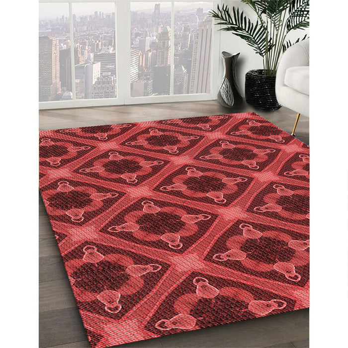 Patterned Tomato Red Rug in Family Room, pat3597rd