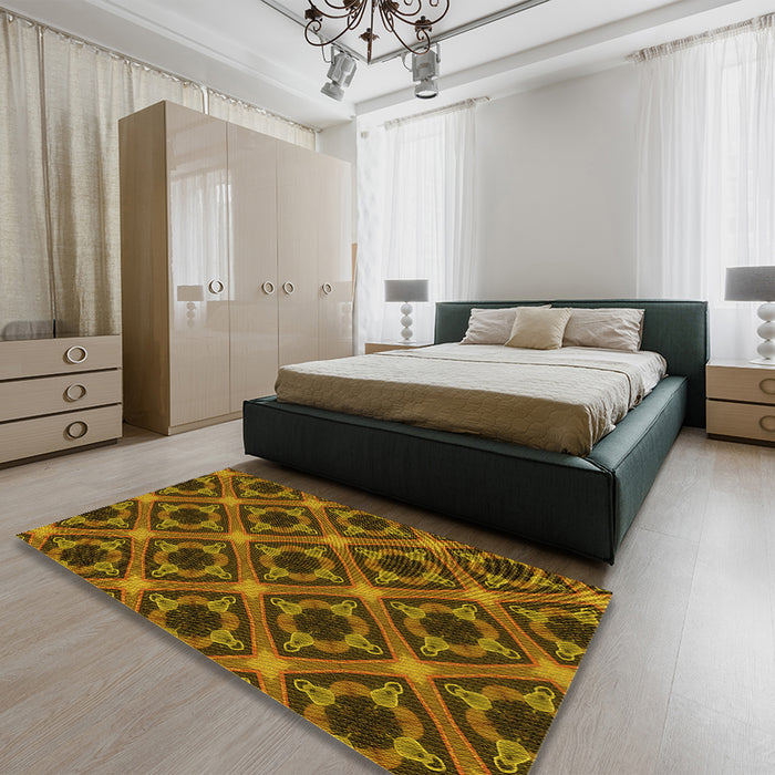 Patterned Red Brown Rug in a Bedroom, pat3597yw