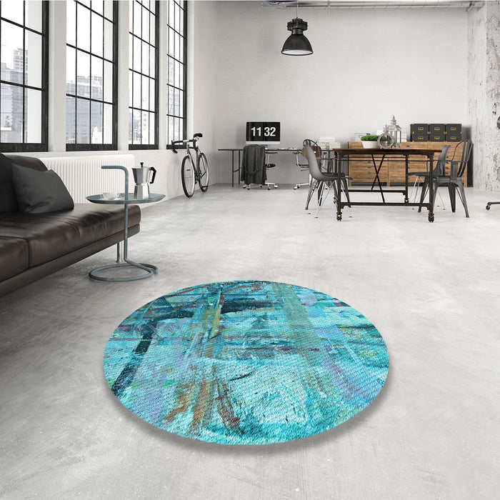 Patterned Dark Cyan Green Rug in a Kitchen, pat36lblu