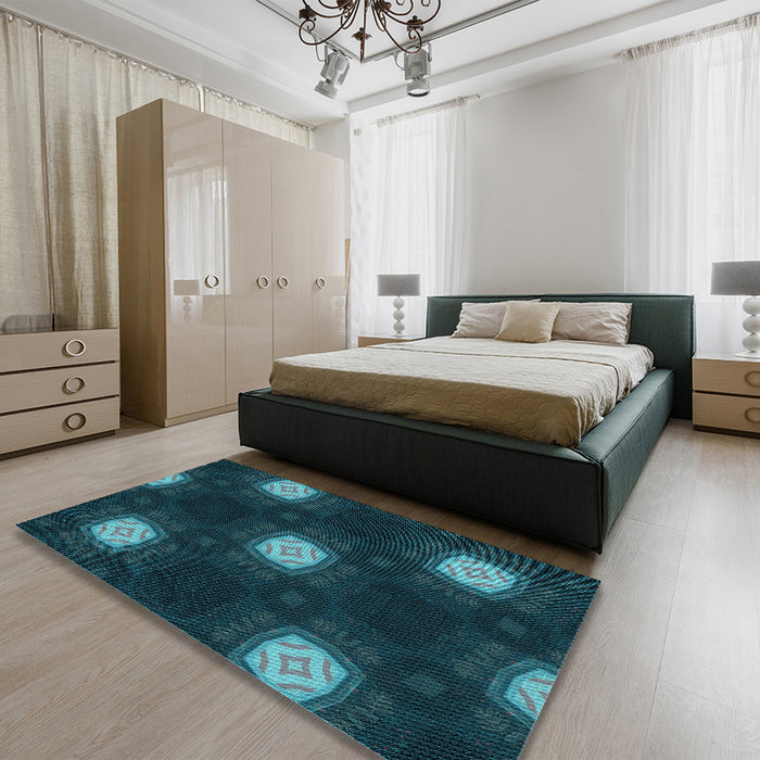 Patterned Dark Cyan Green Rug in a Bedroom, pat3604lblu