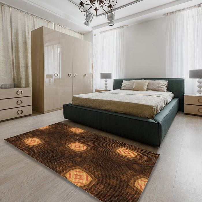 Patterned Mahogany Brown Rug in a Bedroom, pat3604org