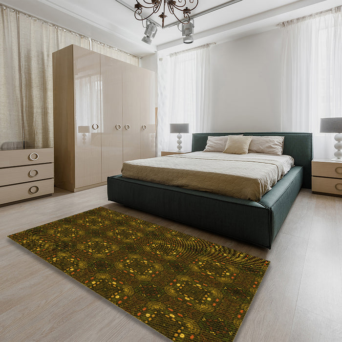 Patterned Dark Bronze Brown Rug in a Bedroom, pat3605yw