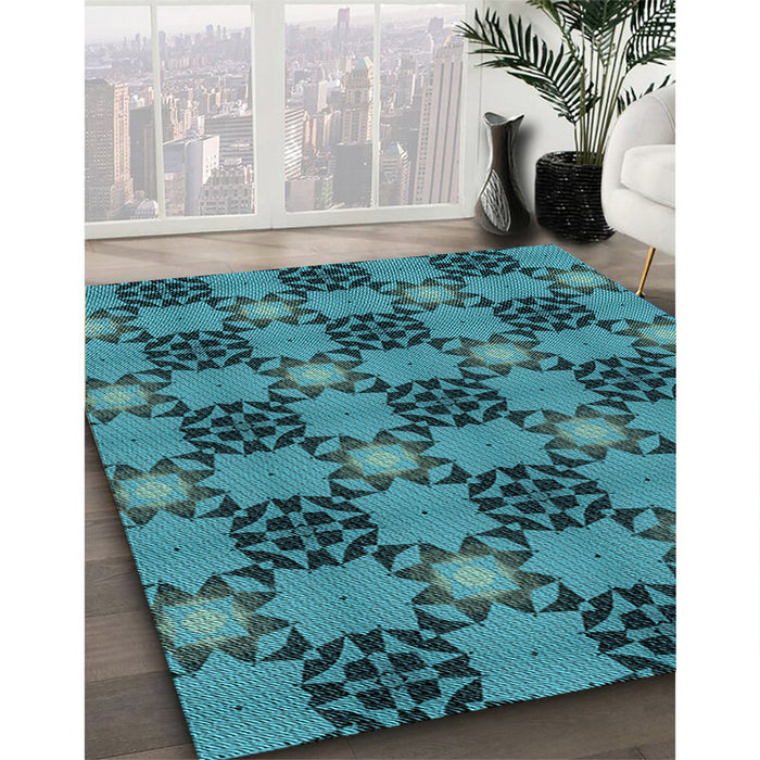 Patterned Dark Turquoise Green Rug in Family Room, pat3607lblu