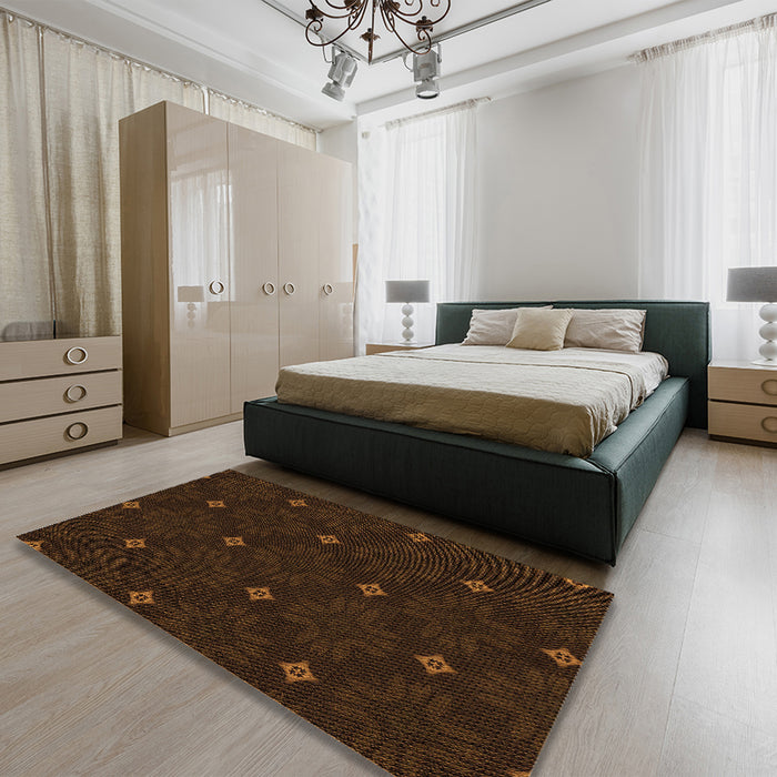 Patterned Dark Bronze Brown Rug in a Bedroom, pat3614org