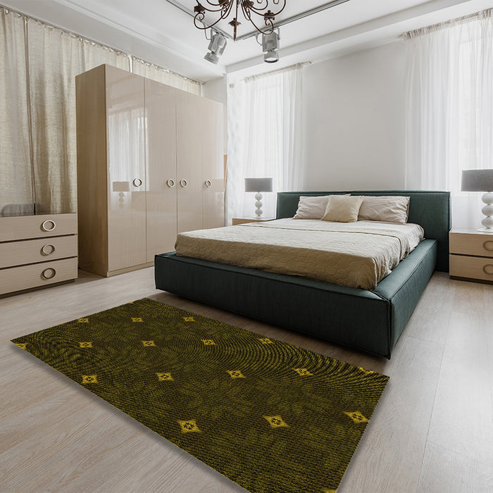 Patterned Dark Bronze Brown Rug in a Bedroom, pat3614yw