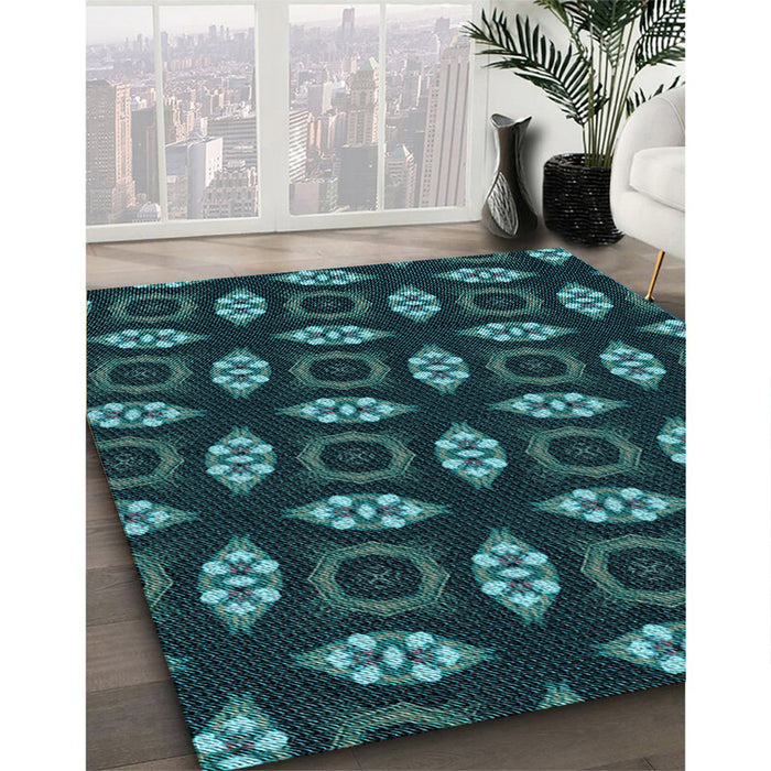 Machine Washable Transitional Deep Teal Green Rug in a Family Room, wshpat3616lblu