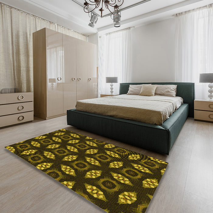 Patterned Black Brown Rug in a Bedroom, pat3616yw