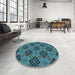 Round Patterned Dark Blue Grey Blue Rug in a Office, pat3618lblu