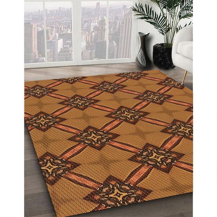 Patterned Neon Orange Rug in Family Room, pat3618org