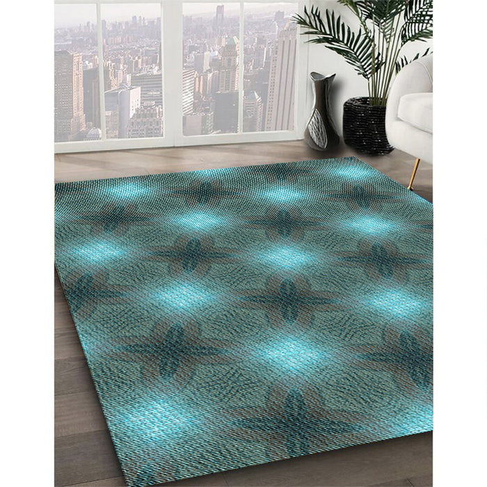 Patterned Deep-Sea Green Rug in Family Room, pat3625lblu